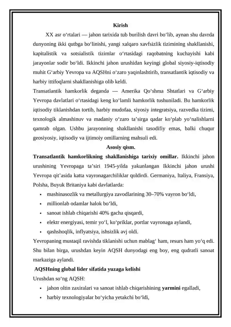 Transatlantik iqtisodiy va harbiy hamkorlikning shakllanishi Referat 2