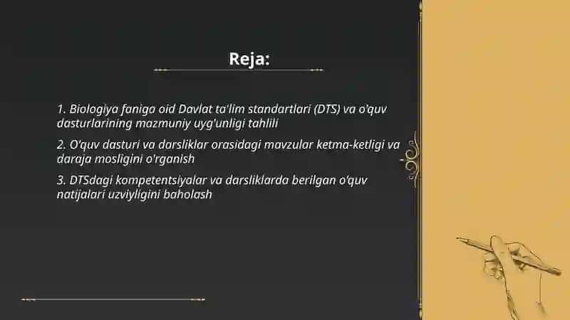Umumiy oʻrta ta'lim maktablari va oʻrta maxsus ta'lim muassasalari uchun biologiyadan tuzilgan DTS, oʻquv dasturi, darsliklar va metodik qoʻllanmalarni o'rganish va ular oʻrtasidagi uzviylikni tahlil etish 2