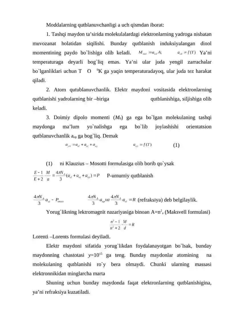 Molekulalarning tashqi elektr maydonidagi qutublanuvchanligi 2