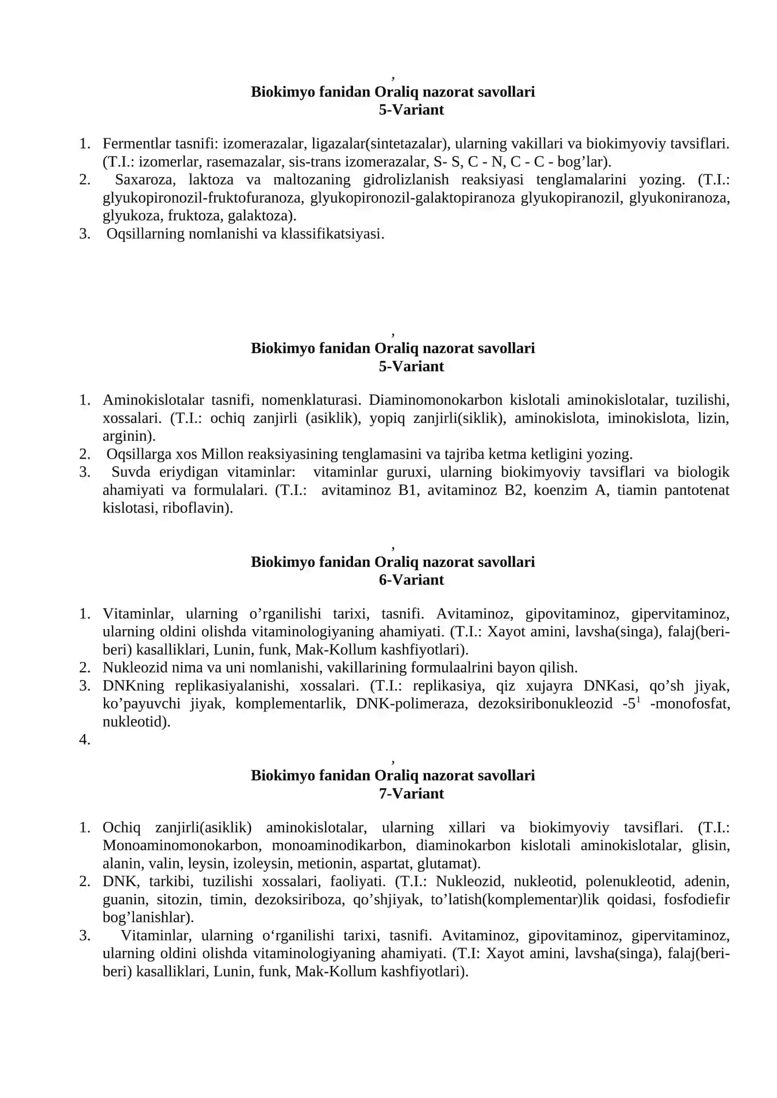 ORALIQ NAZORAT SAVOLLARI, Biokimyo fanidan Oraliq nazorat savollari 1-Variant 2