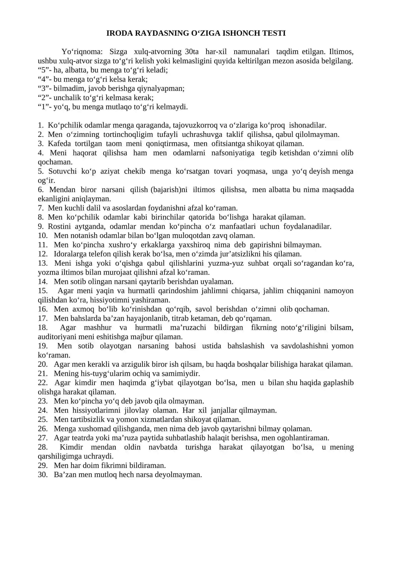 Sport psixologiyasi fanidan yo‘nalish talabalari uchun “O‘ziga ishonch testi” 2