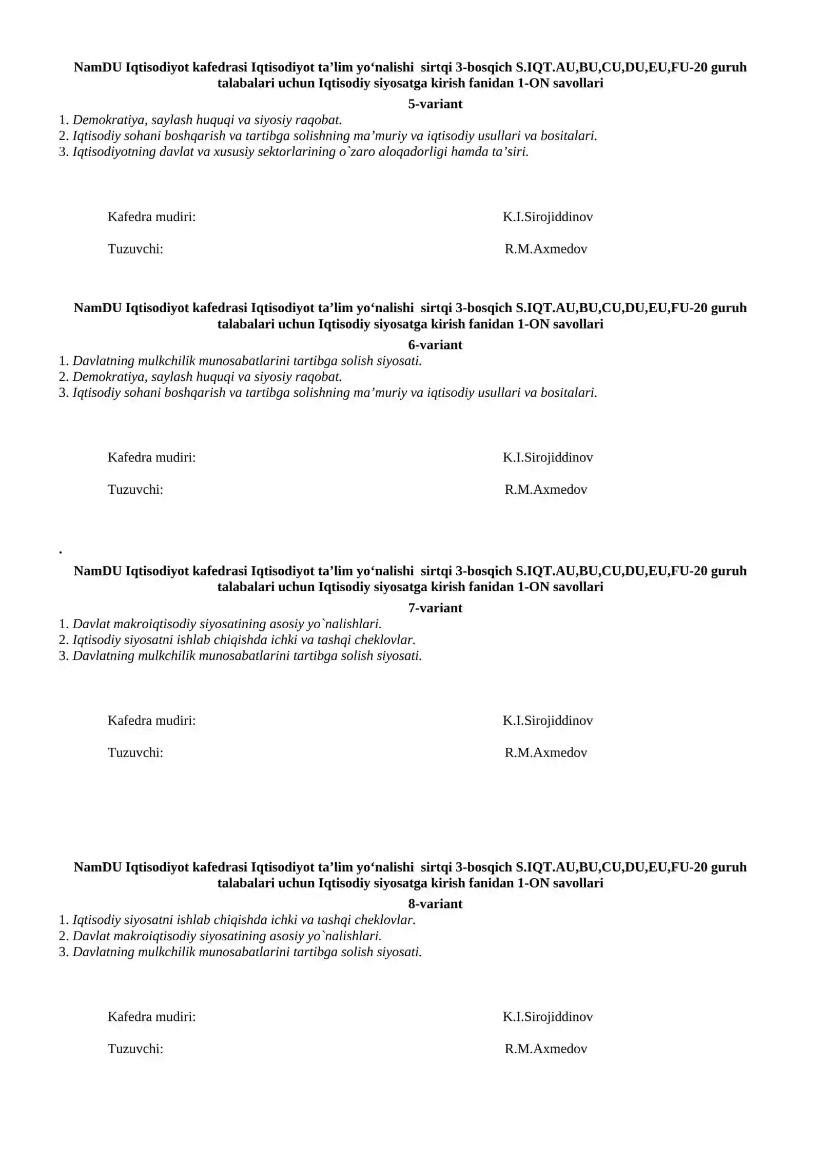 Iqtisodiy siyosatga kirish fanidan 1-ON savollari 2