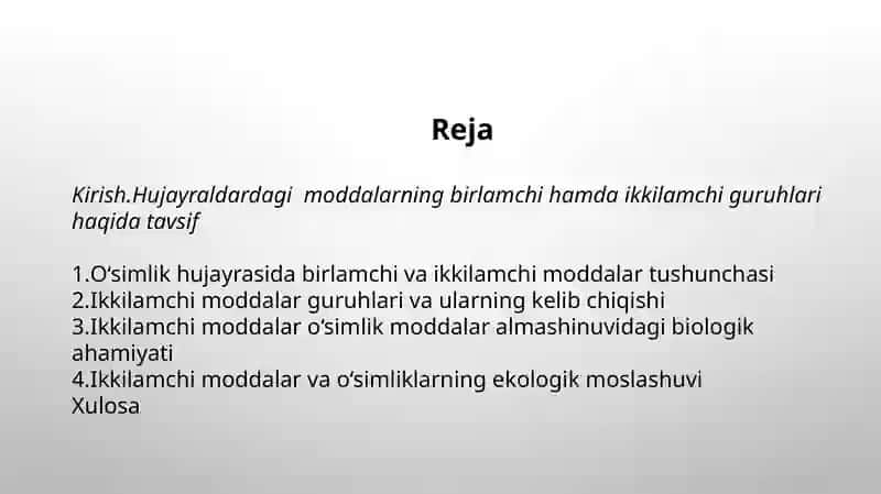 O'SIMLIKLARDA KELIB CHIQISHI IKKILAMCHI BOLGAN MODDALAR VA ULARNI MODDALAR ALMASHINUVIDAGI O'RNI 2