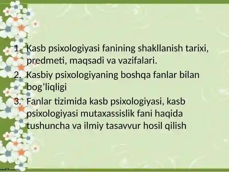 Kasb Manaviyati Fanining Predmeti, Maksad va Vazifalari 2