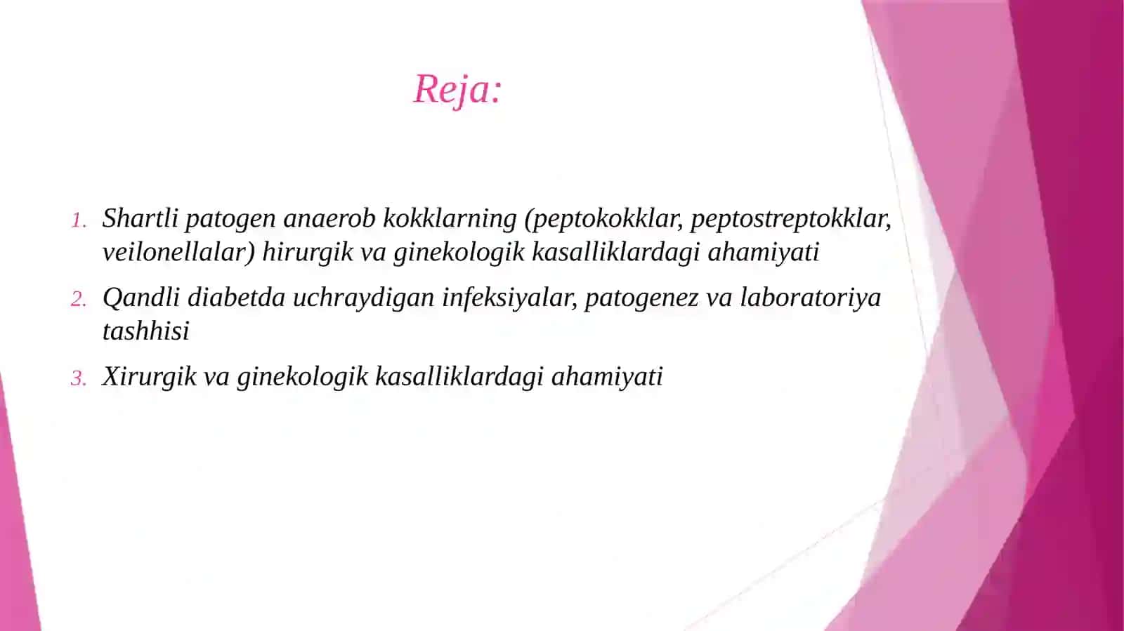 Shartli patogen anaerob kokklarni (peptokokklar, peptostreptokklar, veylonellalar) hirurgik va ginekologik kasalliklardagi ahamiyati. Qandli diabetda uchraydigan infeksiyalar, patogenez va laboratoriya tashhisi. 2