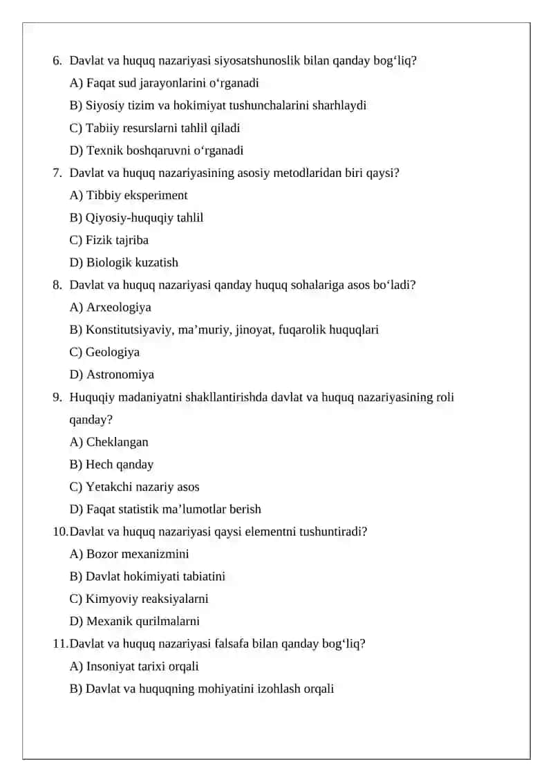 Davlat va huquq nazariyasi test savollari 2