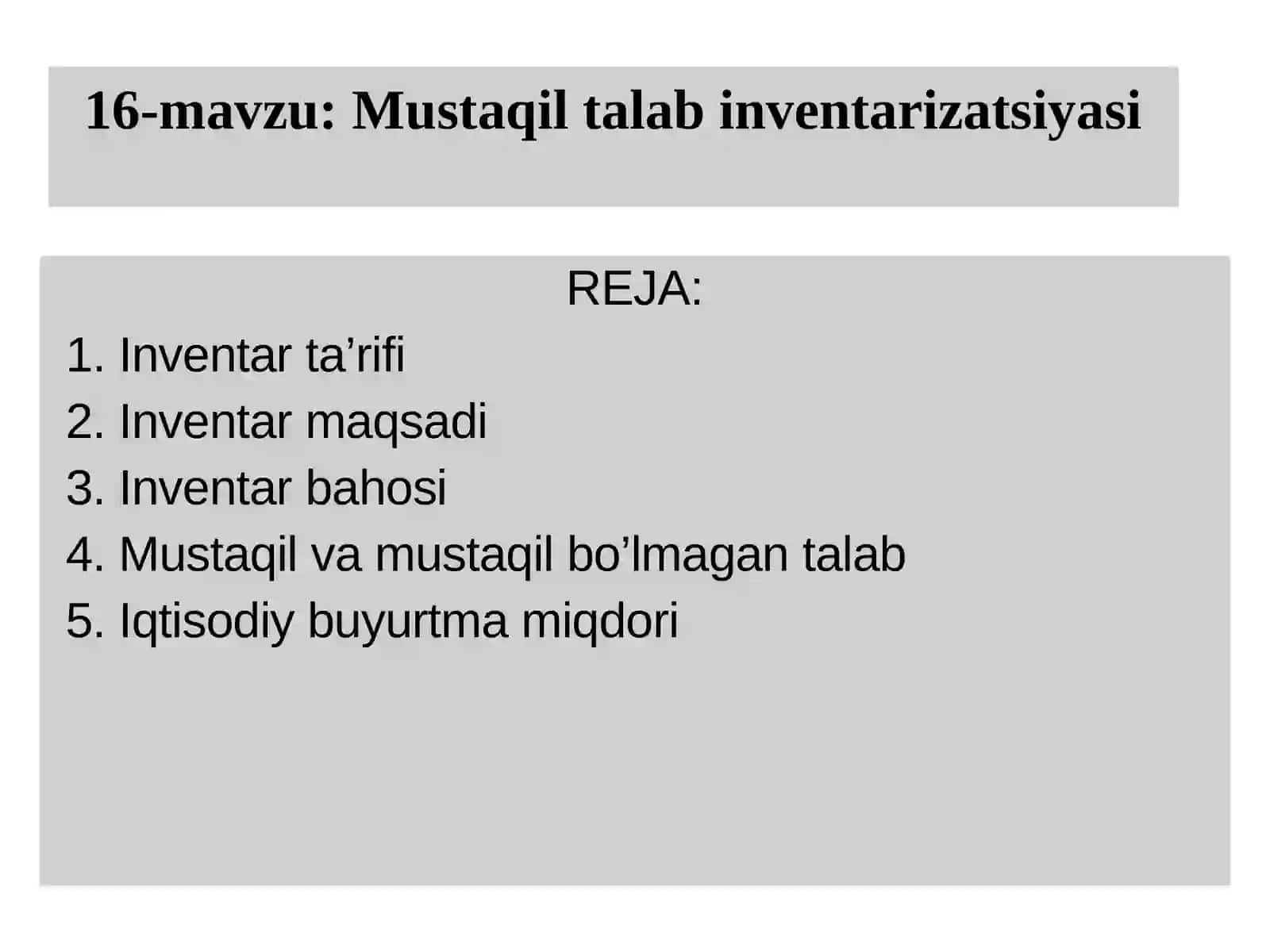 Operatsion Menejment Fanida Mustaqil talab Inventari 2