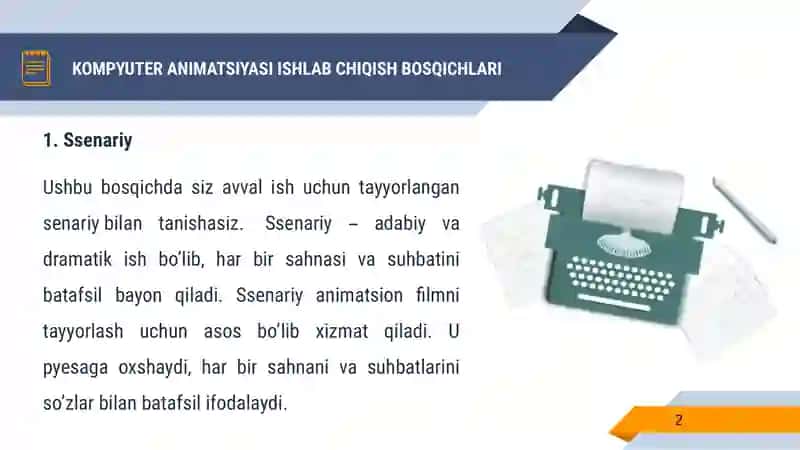 KOMPYUTER ANIMATSIYASI ISHLAB CHIQISH BOSQICHLARI 2