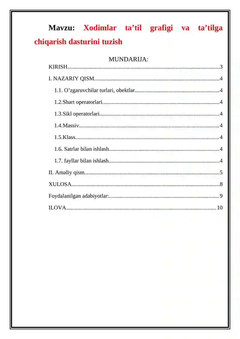 Xodimlar ta’til grafigi va ta’tilga chiqarish dasturini tuzish 2