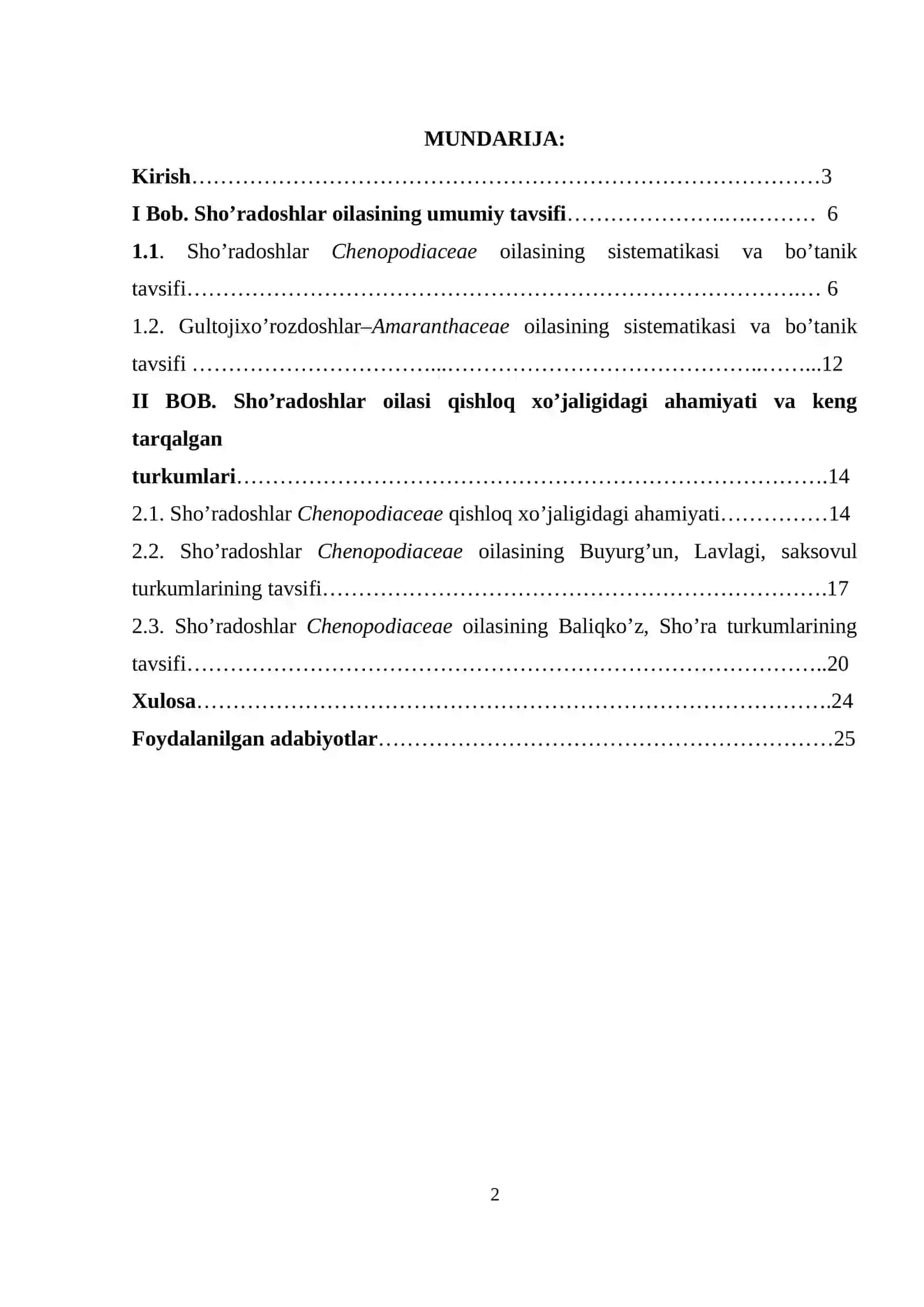 BOTANIKA FANIDAN SHO`RADOSHLAR OILASI (CHENOPODIACEAE) MAVZUSIDA KURS ISHI 2