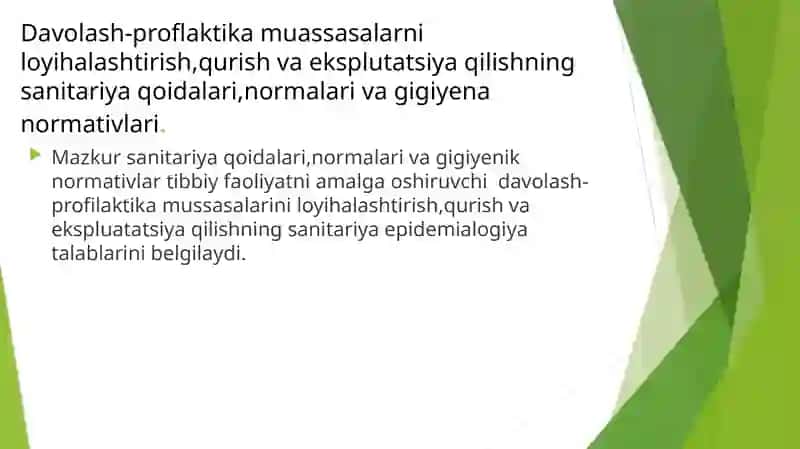 Loyiha materiallari bo’yicha davolash profilaktika muassasalarini gigiyenik baholash 2
