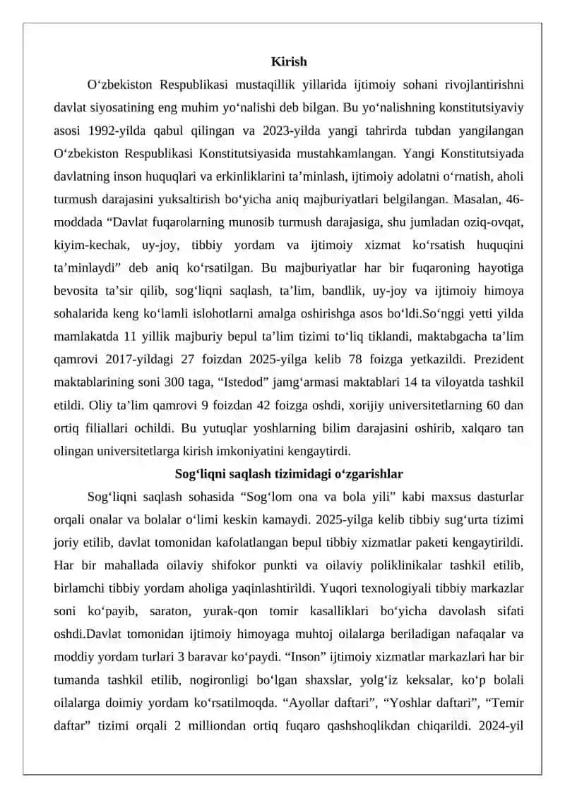 O‘zbekistonning ijtimoiy sohadagi yutuqlari 2