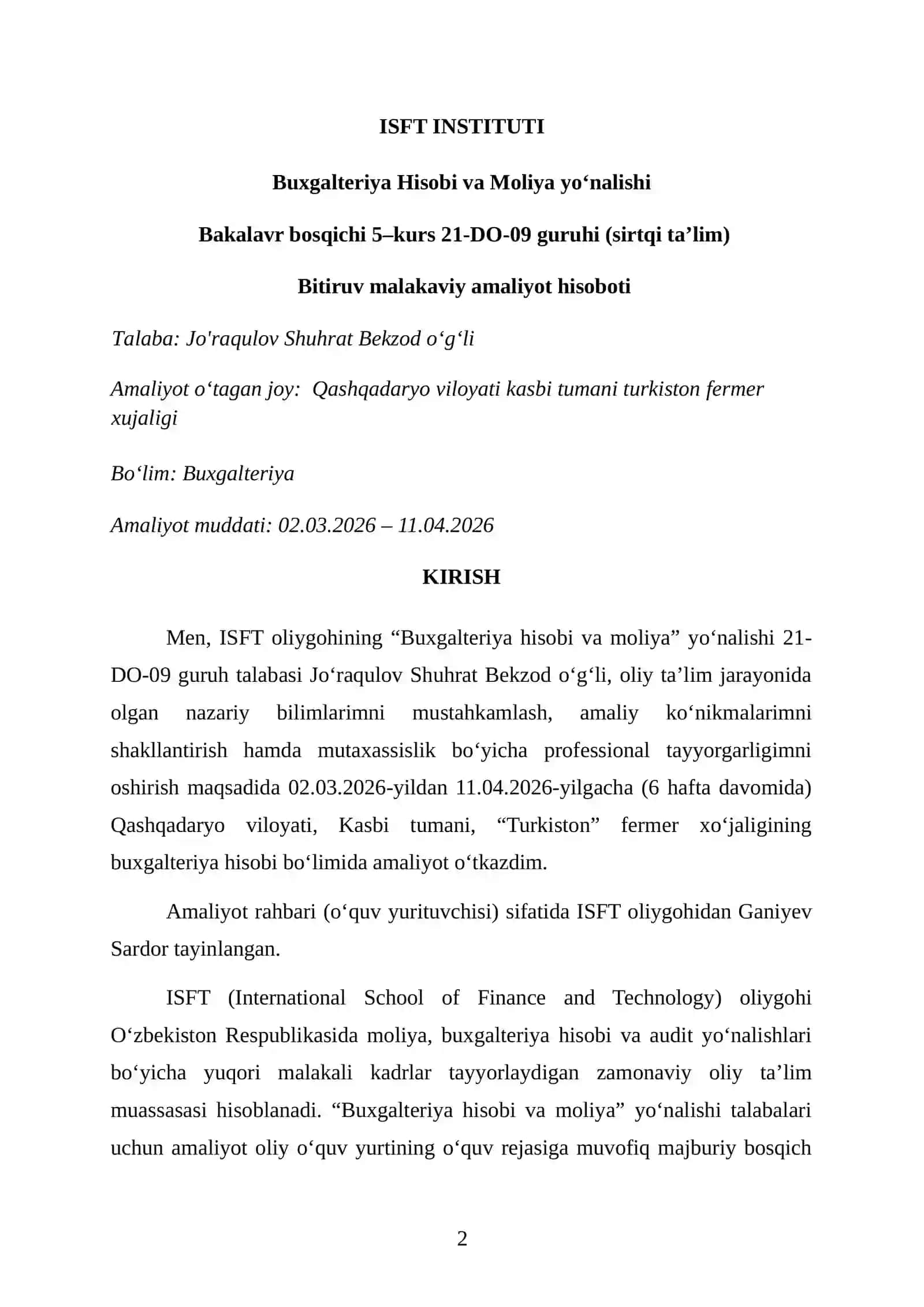 FERMER XOʻJALIGI, BUXGALTERIYA BOLIMI. Bitiruv malakaviy amaliyot hisoboti 2