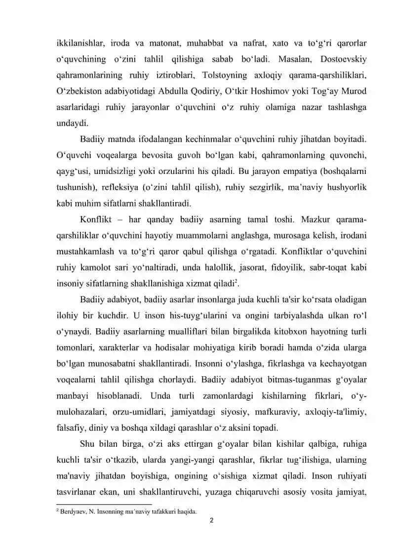 Каlit sо‘zlаr: bаrkаmоllik, ruhiy tаrbiyа, bаdiiy аdаbiyоt, еstеtik idrоk, аxlоqiy yеtuklik, рsixоlоgik tаsvir, qаhrаmоn оlаmi. 2
