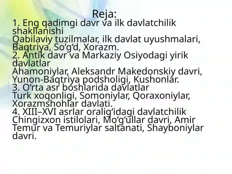 O'zbekistonning davlatchilik tarixi eng qadimgi davrdan 16 asrgacha 2