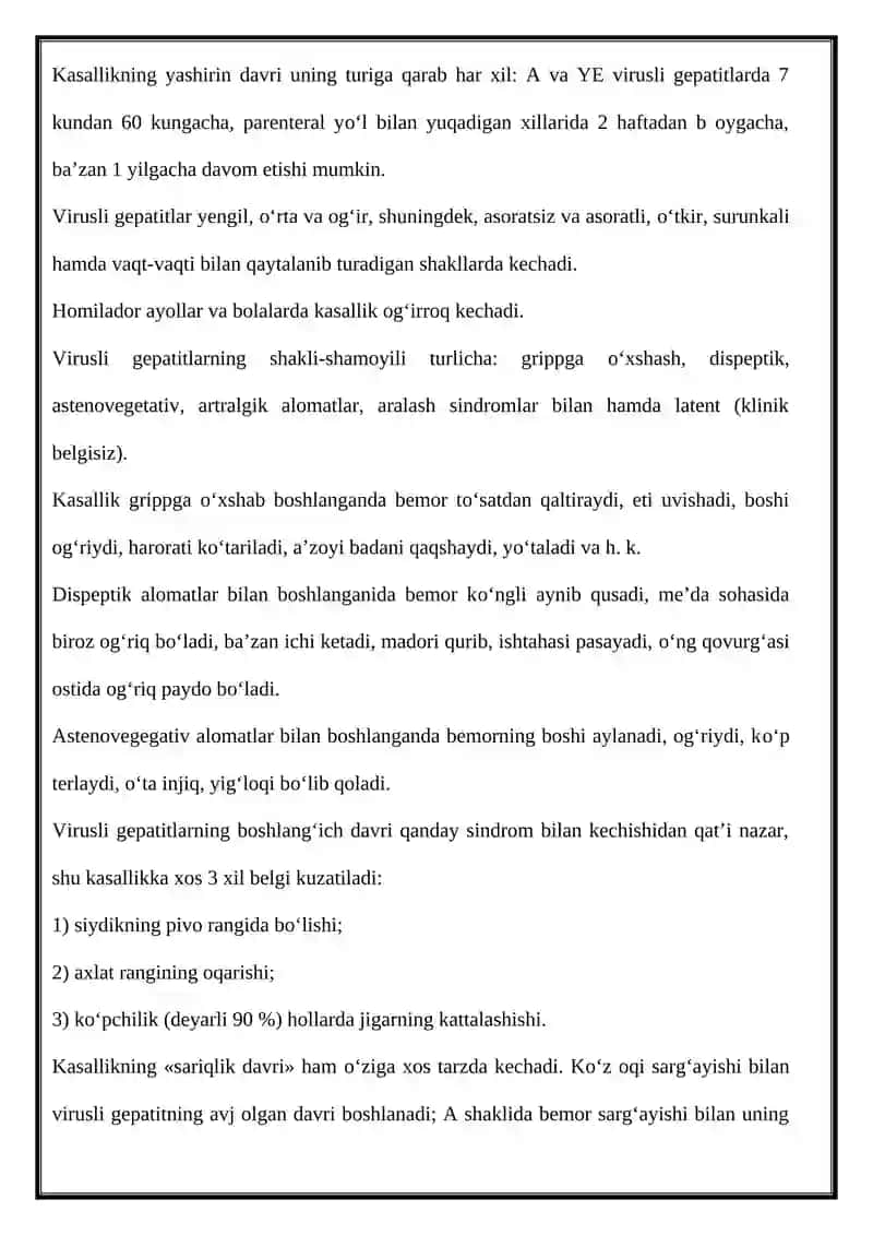 O’TKIR VIRUSLI GEPATIT BILAN KASALLANGANBEMORLARGA KASALLIK TARIXINI YOZISH. 2