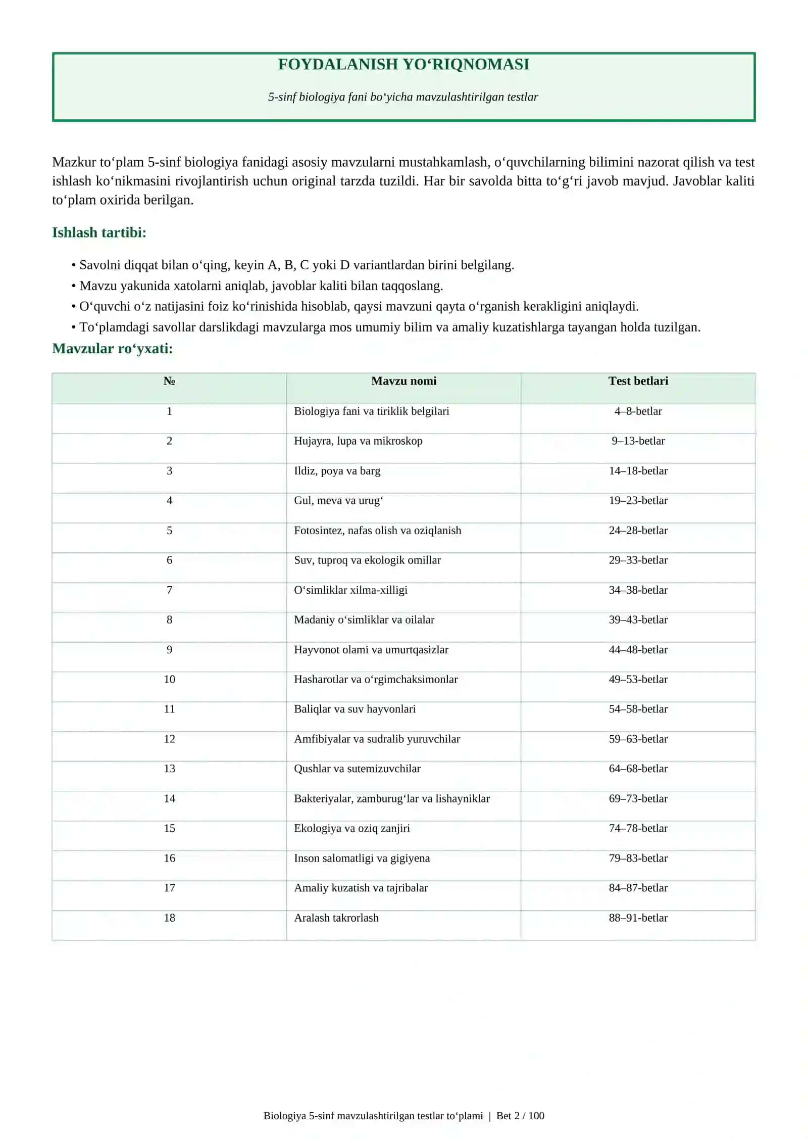 5-sinf biologiya fani bo‘yicha mavzulashtirilgan testlar 2