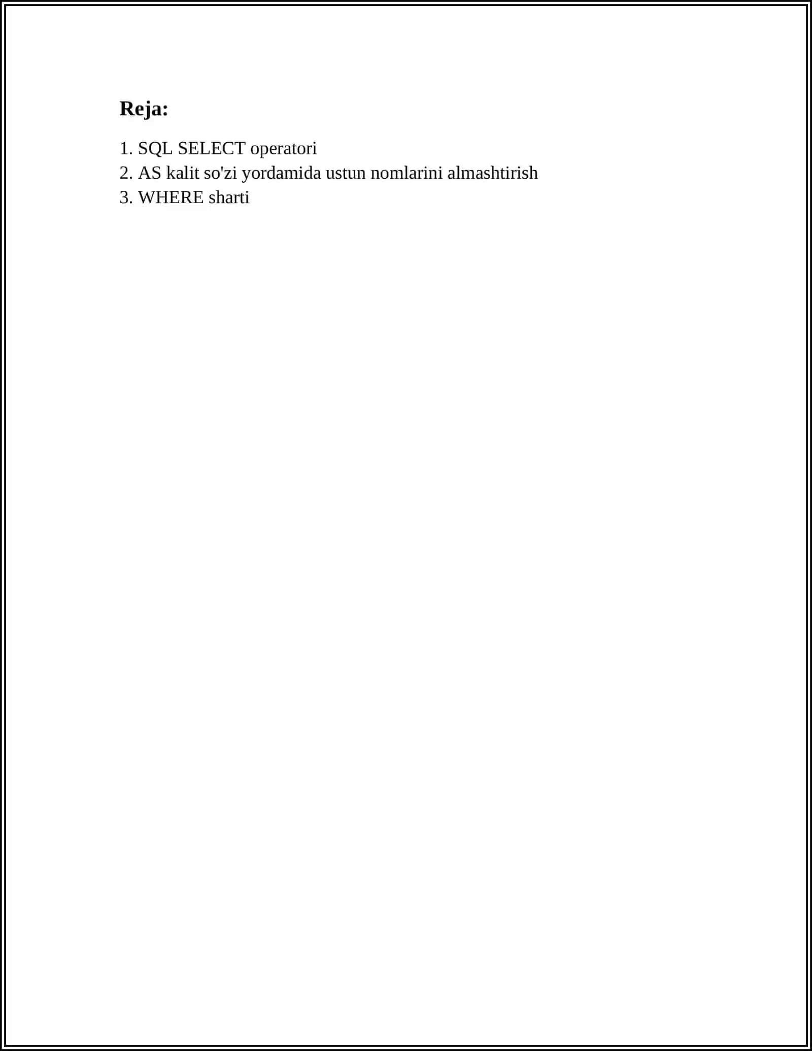 SQL TILIDA TARTIBLASH SO'ROVLARI 2