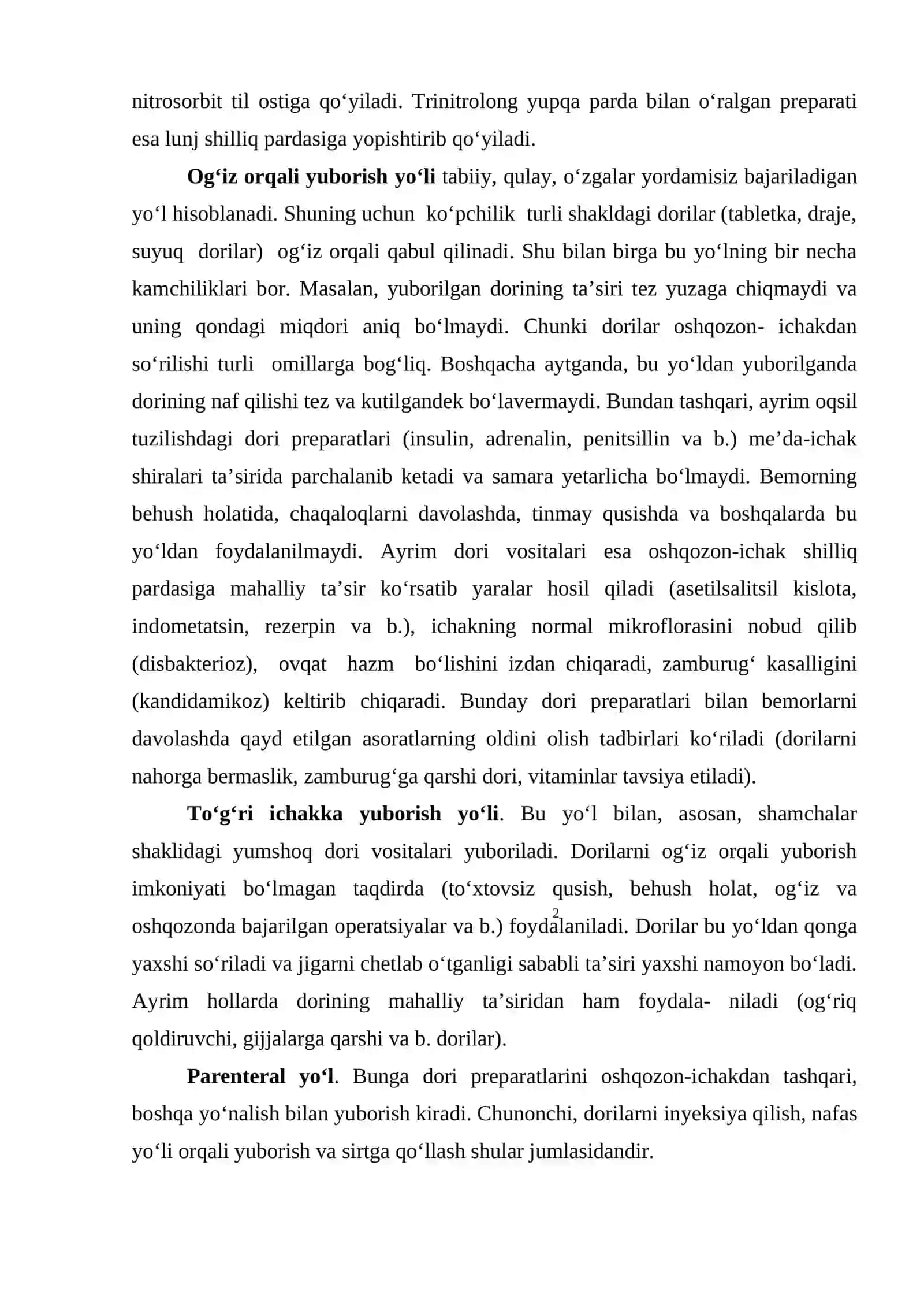 UMUMIY FARMAKOLOGIYA. DORI MODDALARINI ORGANIZMGA YUBORISH VA CHIQARISH YO’LLARI 2