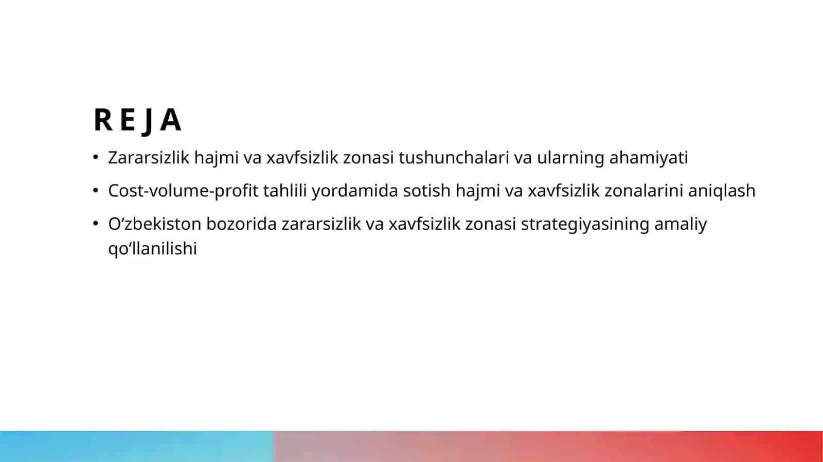 Zararsizlik hajmi va xavfsizlik zonasi tahlili PPT | Break-even va risk tahlili prezentatsiya 2