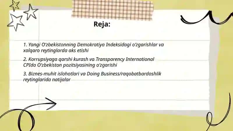 Yangi O‘zbekiston ijtimoiy-siyosiy, iqtisodiy va madaniy hayotida roʻy berayotgan oʻzgarishlarning xalqaro reyting va indekslarda aks etishi 2