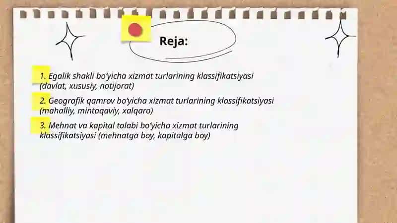 Xizmat korsatish sohasida faoliyat turlarining klasifikatsiyasi 2