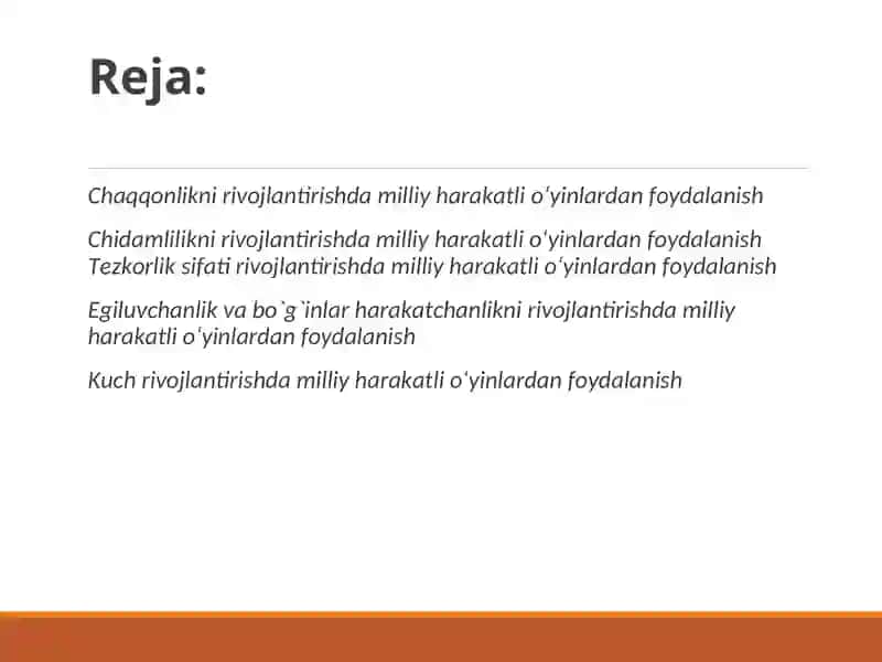 Jismoniy sifatlarni (tezkorlik, chaqqonlikni, chidamkorlik) ni   rivojlantirish uchun milliy harakatli o‘yinlardan foydalanish 2