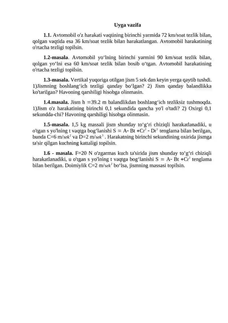 1-amaliy mashg‘ulot. Kinematika va dinamika mavzusiga doir masalalar yechish 2
