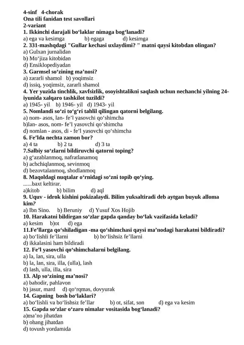4-sinf 4-chorak Ona tili fanidan test savollari 2