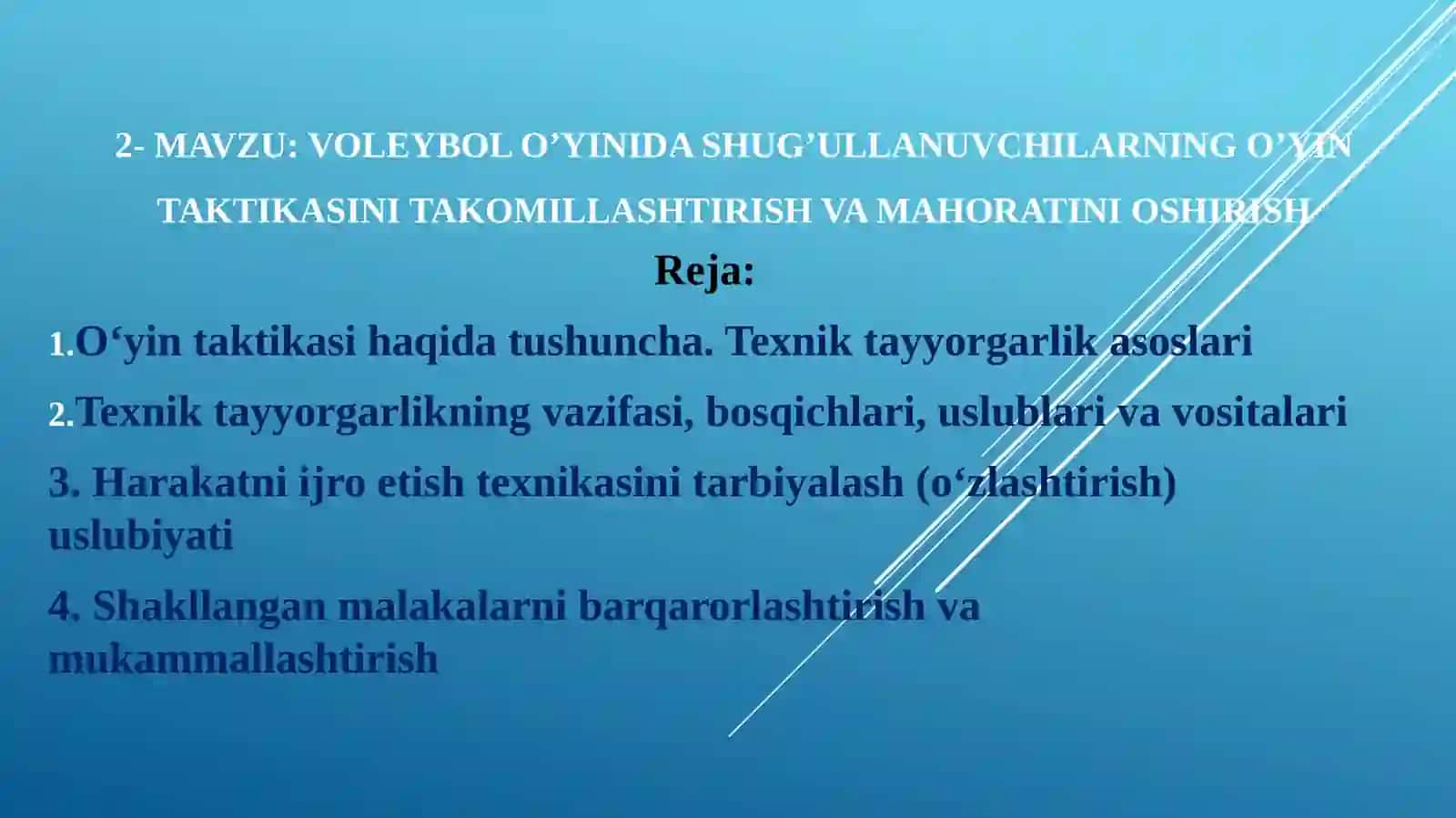 Voleybolo’yini dashug’ullanuvchilarning o’yin taktikasini takomillashtirish va mahoratni o’shirish 2