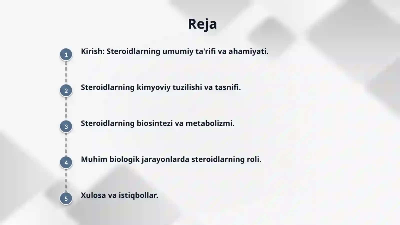 Steroidlar kimyosi, hamda ular ishtirokidagi muhim biologik jarayonlar. 2