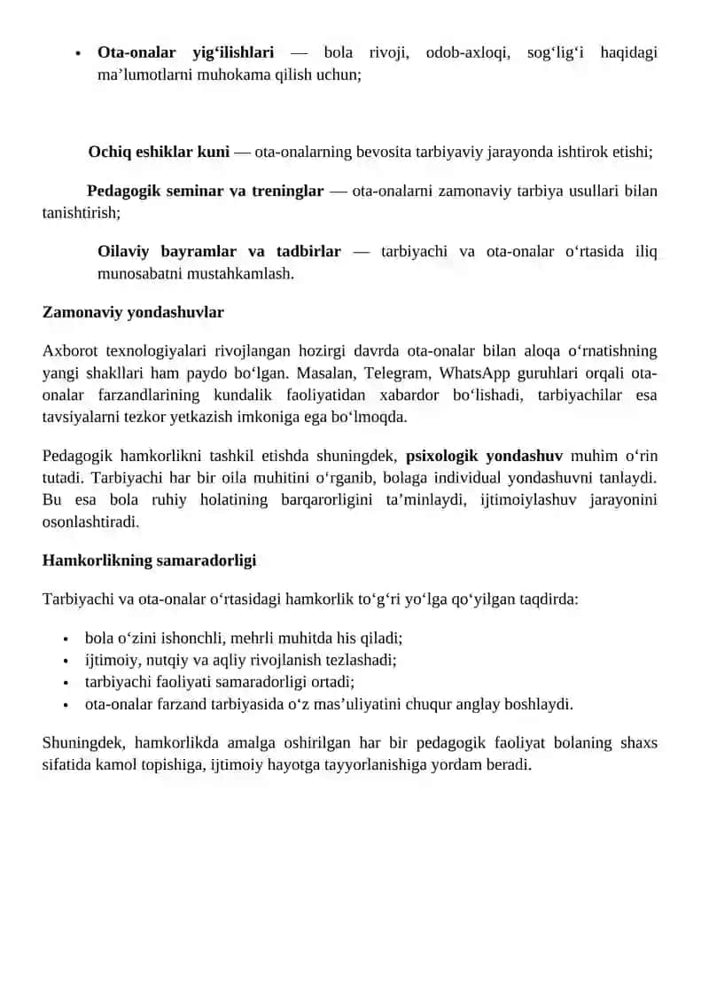 Maktabgacha ta'limda tarbiyachi va ota-onalar hamkorligi 2