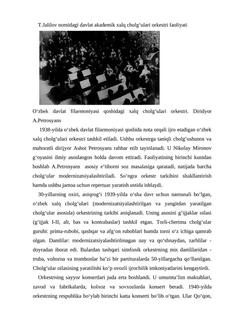 T.Jalilov nomidagi davlat akademik xalq cholg‘ulari orkestri faoliyati 2