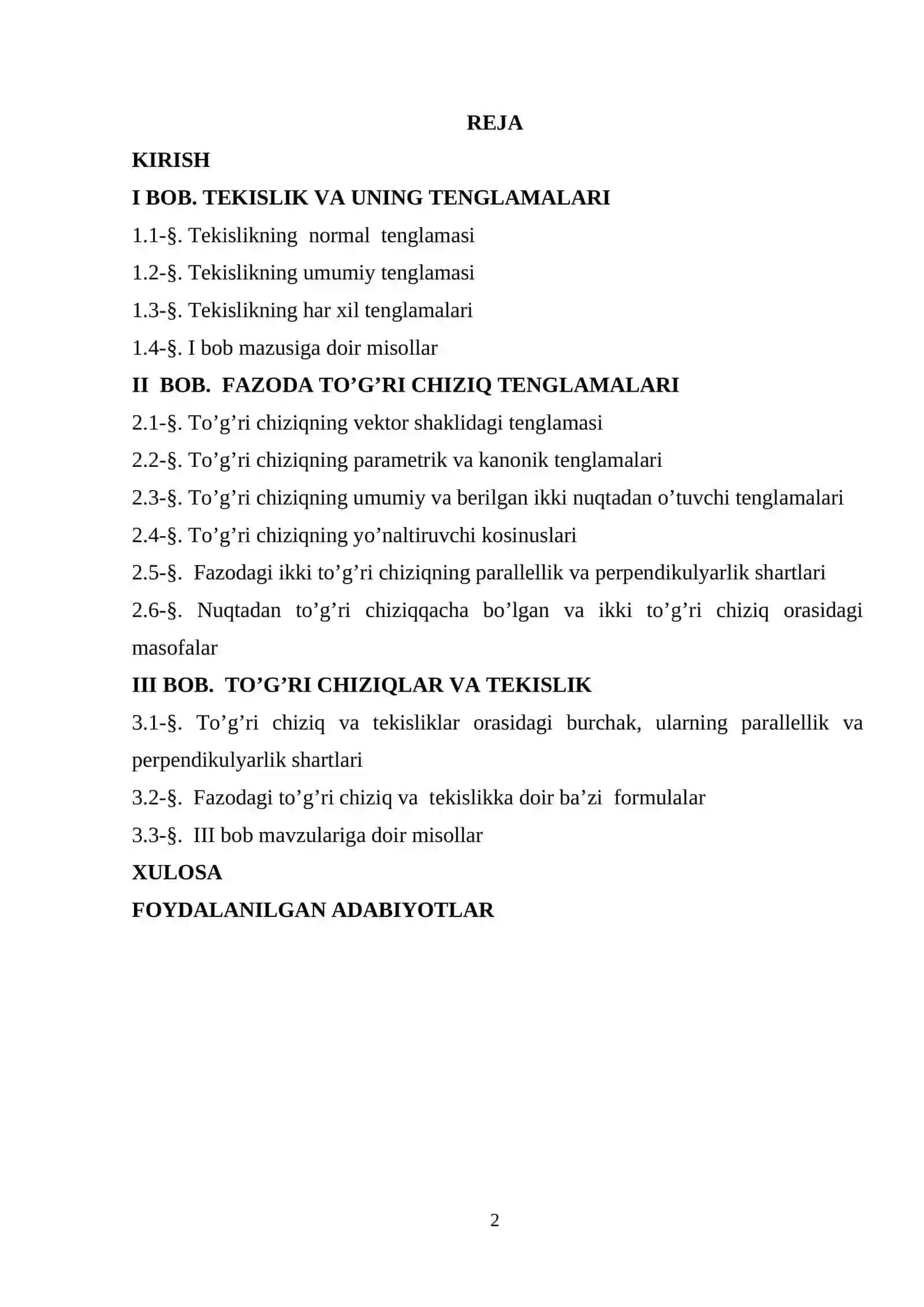Tekislikning turli tenglamalari. Tekislik va to`g`ri chiziqning o`zaro vaziyati 2