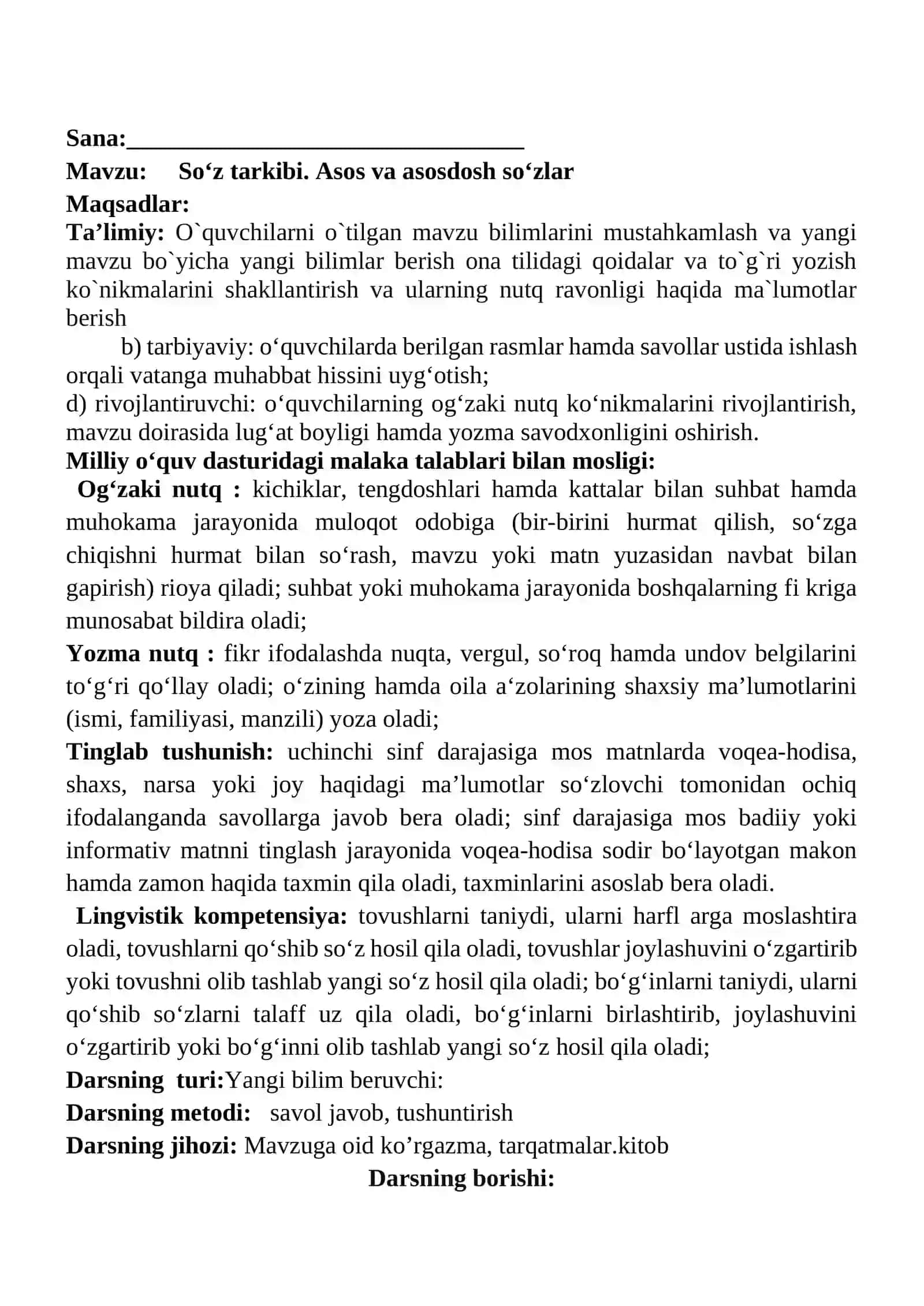 So‘z tarkibi. Asos va asosdosh so‘zlar mavzusida 3-sinf Ona tili fanidan dars ishlanmasi 2