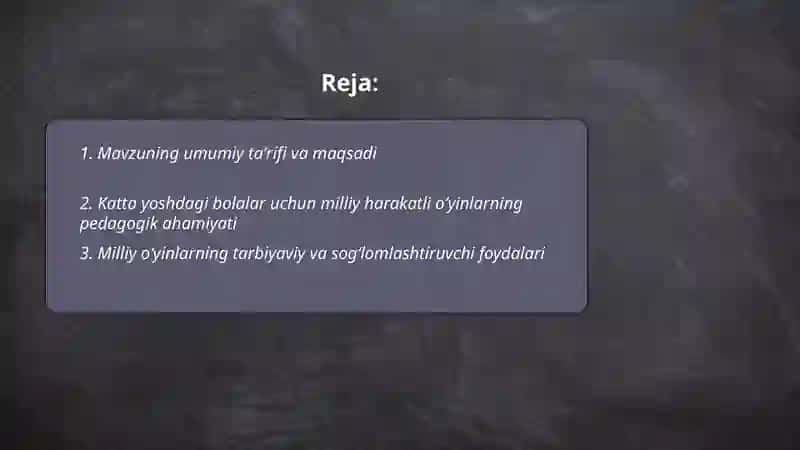 Katta yoshdagi bolalarga beriladigan milliy harakatli oʻyinlarni oʻrgatish mavzusida taqdimot tayyorlash 2