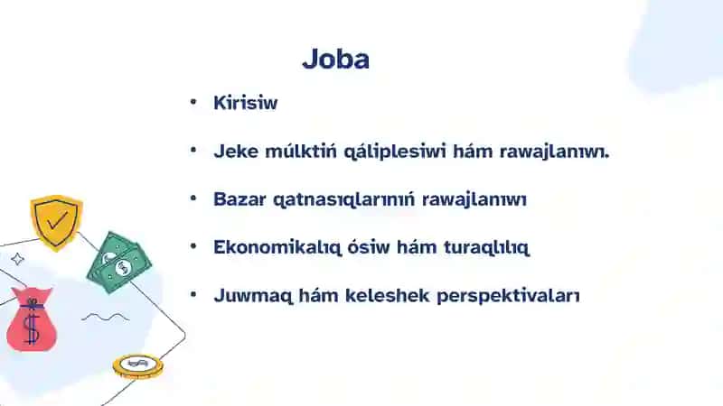 Ekonomikalıq reformalar, jeke menshik múlktiń qáliplesiwi. Ózbekistanda bazar qatnasıqlarınıń rawajlanıwı. 2