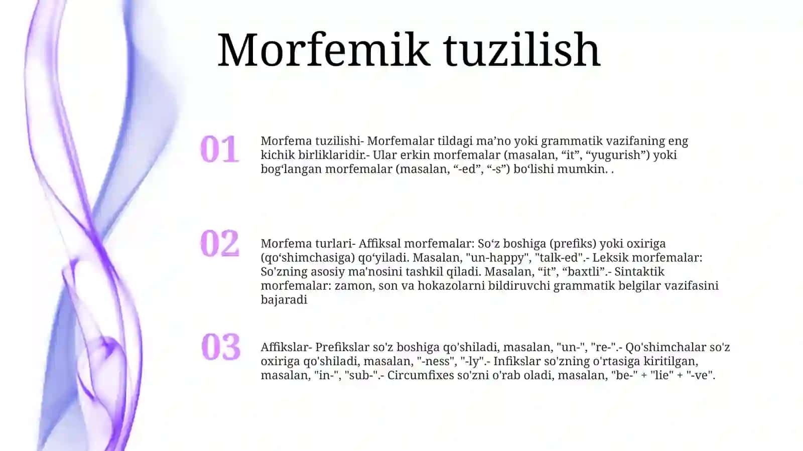 Morfemika Va Morfema Haqida Umumiy Ma'Lumot. Morfemalarning Turlari: Affiksal Yasovchi, Lug'Aviy Shakl Yasovchi, Sintaktik Shakl Yasovchi Affikslar 2