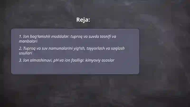 Tuproq va suv tarkibidagi ion bog'lanishli moddalar:Aniqlash va tozalash yechimlari 2