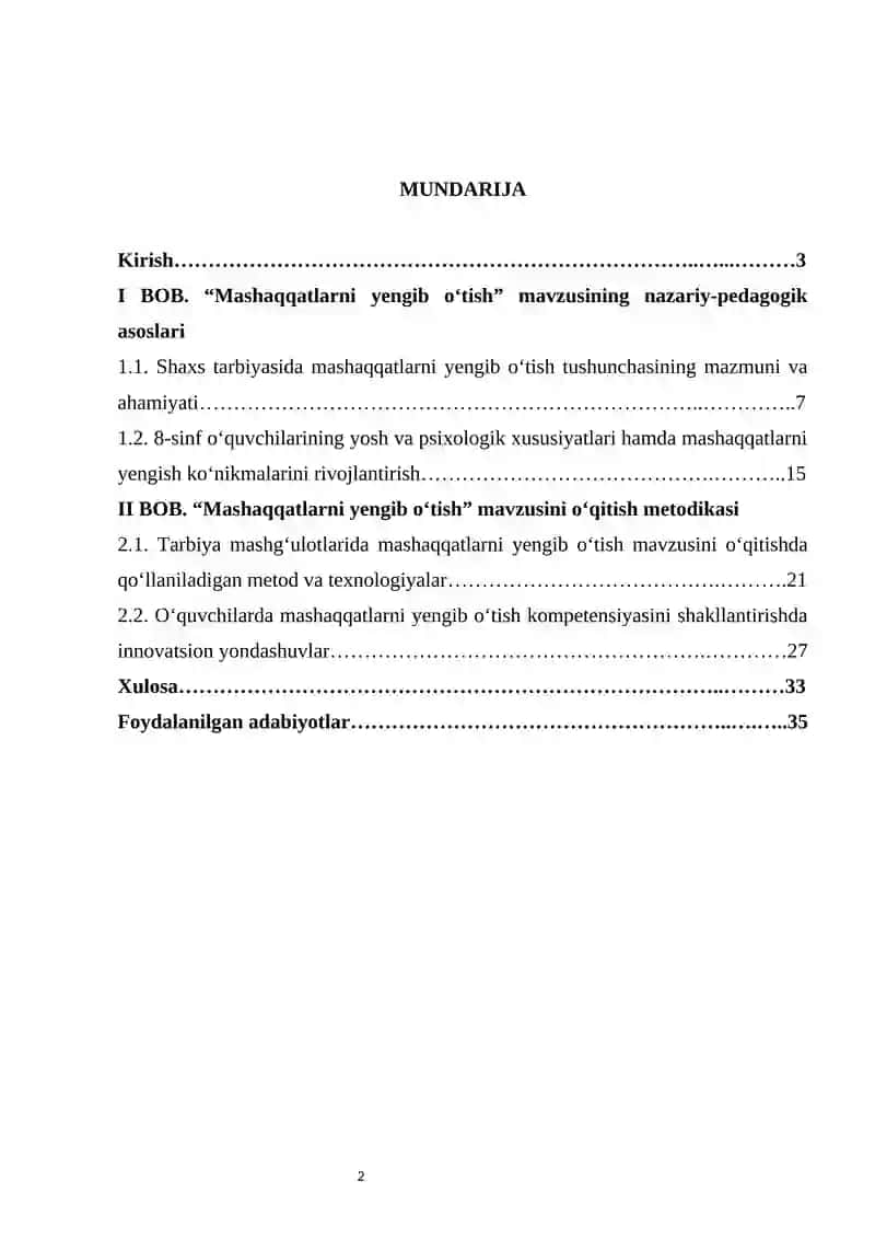 8-SINFDA “MASHAQQATLARNI YENGIB” O’TISH MAVZUSINI O’QITISH METODIKASI. 2