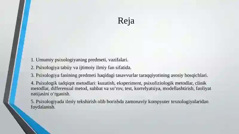 Psixologiya fanining predmeti, rivojlanish tarixi, sohalarivatadqiqotmetodlari 2