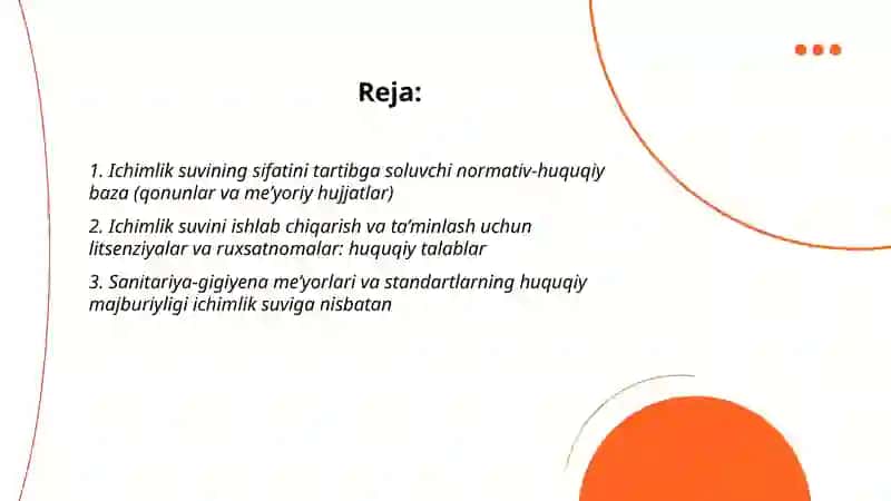 Ichimlik suvini tayyorlash va yetkazib berishda sanitariya me’yorlari Gigiyena talablarining huquqiy jihatlari 2