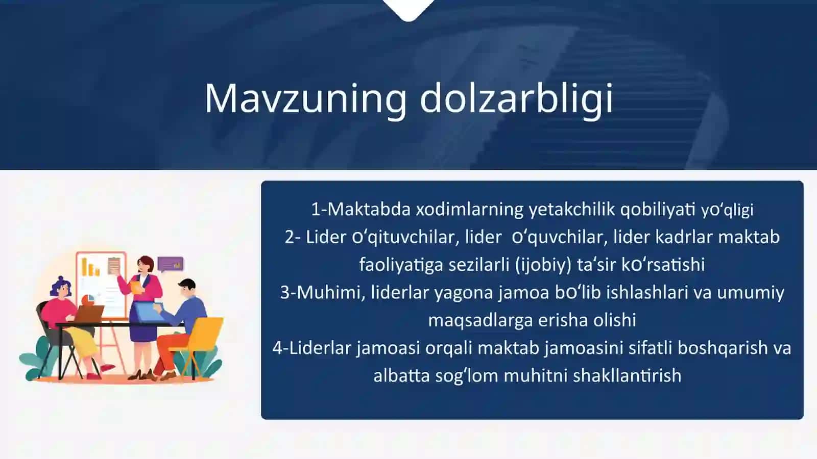 Maktabda sog’lom muhitni shakllantirish dasturining liderlar bilan ishlash samaradorligi 2