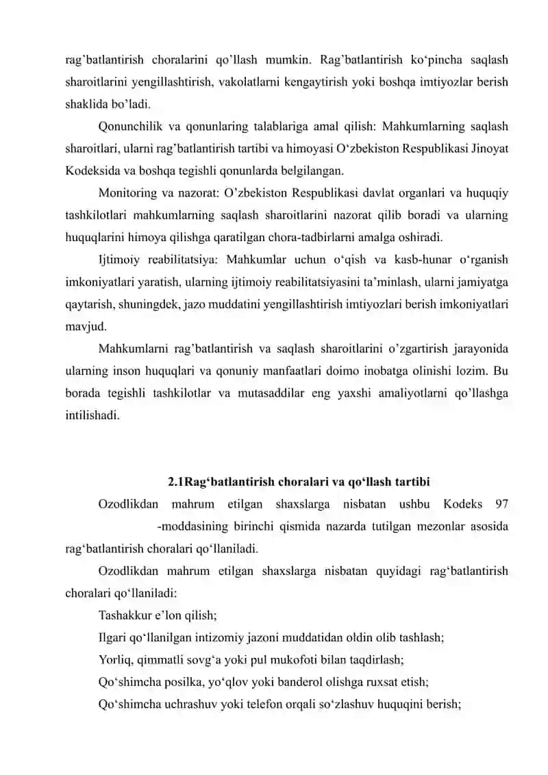 Ozodlikdan mahrum etishga hukm qilingan shaxslarga nisbatan qo’llaniladigan rag’batlantirish 2
