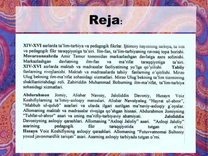XIV-XVI asrlarda Movarounnahrda ta'lim tarbiya pedogogik fikrlar 2