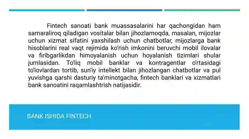 Bank Ishida moliyaviy texnologiylardan foydalanish 2