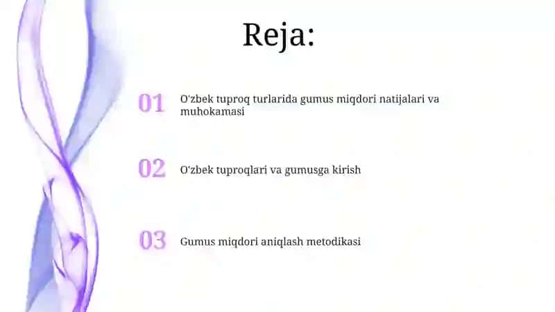 Oʻzbekistonning asosiy tuproq turlari (masalan, takir, jigarrang tuproqlar) bo'yicha gumus miqdori tahlili 2
