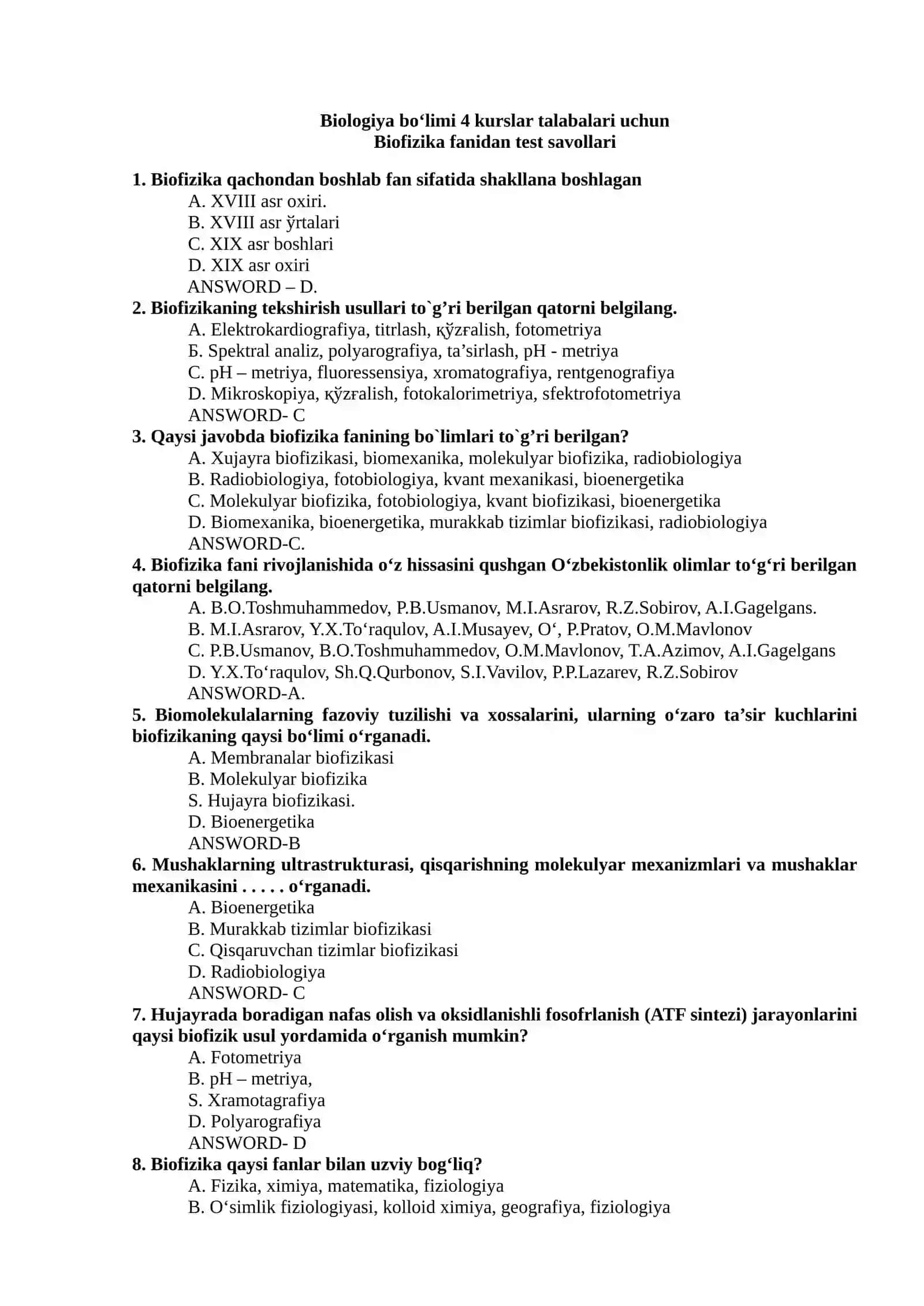 Biofizika Test Savollari 2