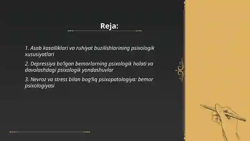 ASAB KASALLIKLARI VA RUHIYAT BUZILISHIDA BEMORLAR PSIXOLOGIYASI 2