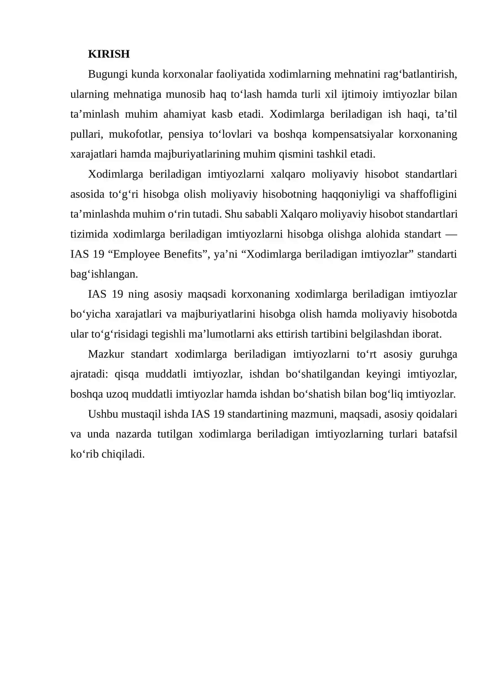 IAS 19 “XODIMLARGA BERILADIGAN IMTIYOZLAR” STANDARTINING ASOSIY QOIDALARINI O'RGANISH 2
